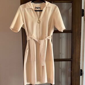Sharagano Beige O-Ring zip up midi dress with pockets